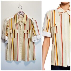 TORY BURCH Button Top in Canyon Stripe Yellow White Shirt Blouse Size 2 NWOT